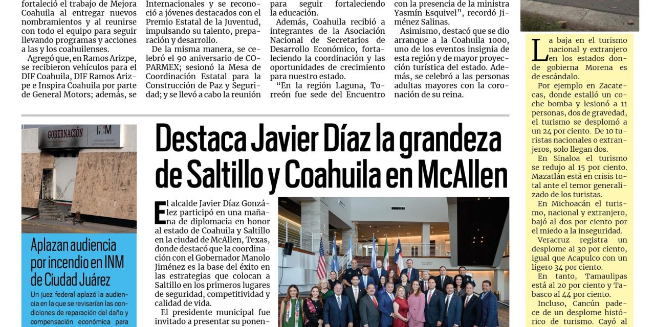 Portada RCG Media [2 de septiembre de 2026] Agosto fue un mes de mucho trabajo y resultados: Manolo Jiménez; Destaca Javier Díaz la grandeza de Saltillo y Coahuila en McAllen y más…